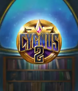 Explore the captivating visuals of Cygnus 2 Slot by ELK Studios, showcasing a stunning golden emblem with a shining design in purple and gold. Set against a mystical background of a library, this image evokes the spirit of mystical exploration. 